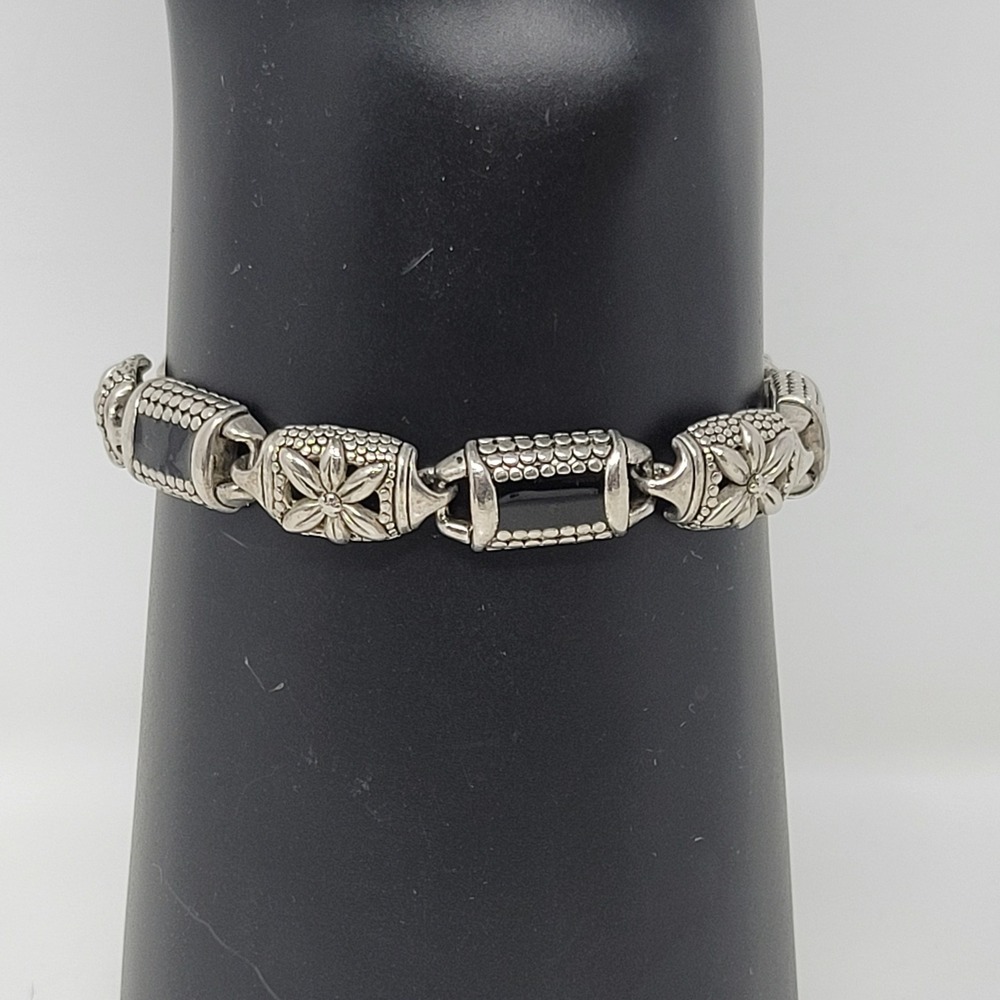 Silver Metal Onyx Flower‎ Link Bracelet Gemstone Bracelet Jewelry Magnetic Clasp